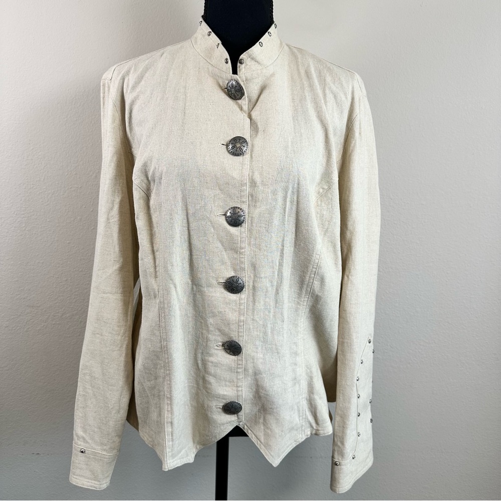 Vintage Stonebridge Western Concho Button Linen Blend Beige Jacket 16 Studded